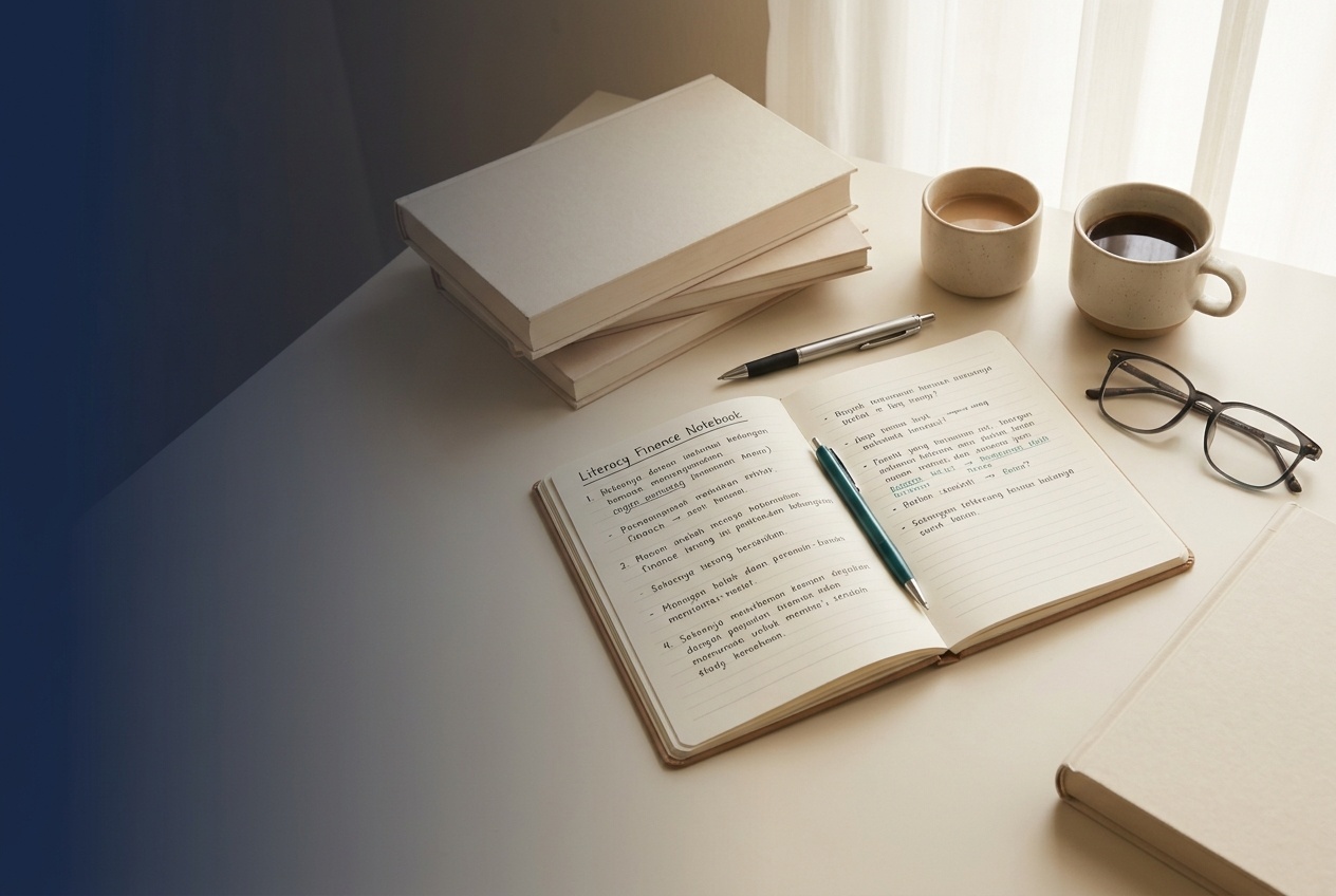 Meja belajar dengan buku finansial, catatan, dan secangkir kopi bernuansa kertas hangat