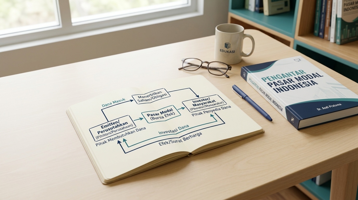 Kertas dan layar berisi diagram pengantar pasar modal di atas meja kerja