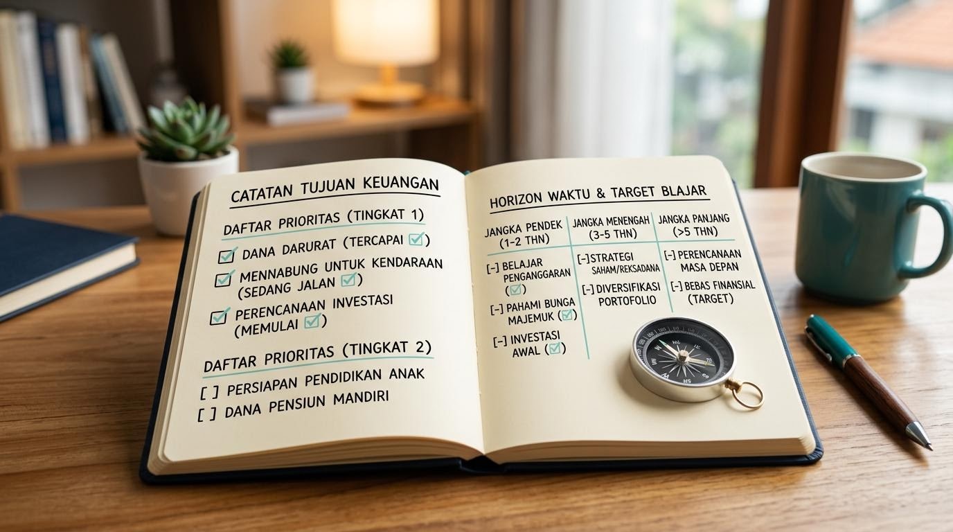 Catatan target finansial dengan daftar prioritas dan horizon waktu di atas meja